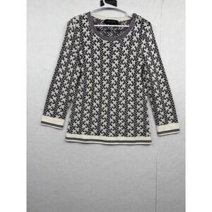 ST JOHN Dog Show wool blend Knit Sweater Geometric Pattern Black White Crew top